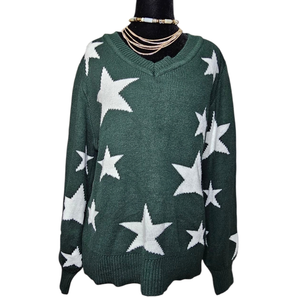 Zenana Outfitters Forest Green Star V-Neck Sweater